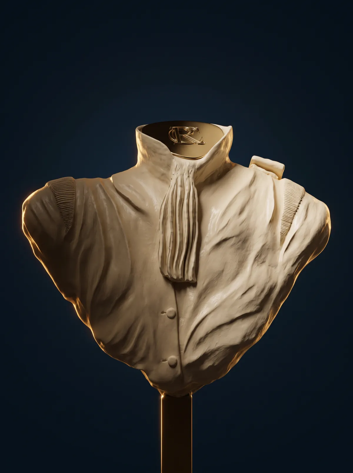 Sculpted bust of a lawyer's robe with a pleated jabot, bearing the RC monogram